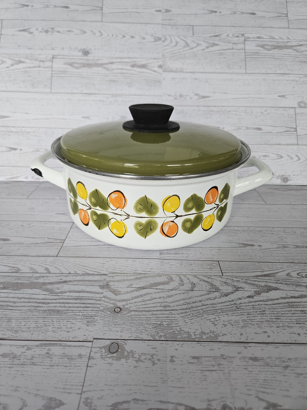 Vintage Green Enamel Covered Casserole with Fruit Motif